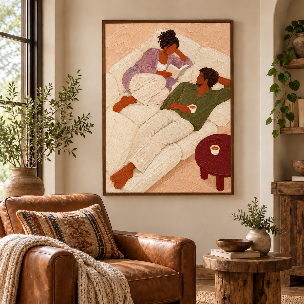 Cozy Couple Reading Painting Romantic Living Room Wall Art With Textured Couple Figure Painting