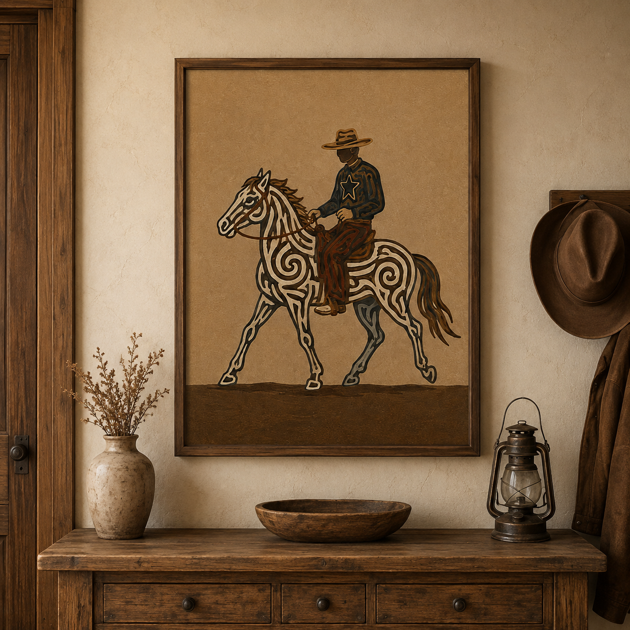 Western Cowboy Horse Painting, Rustic Ranch Equestrian Wall Art, Southwestern Folk Decor