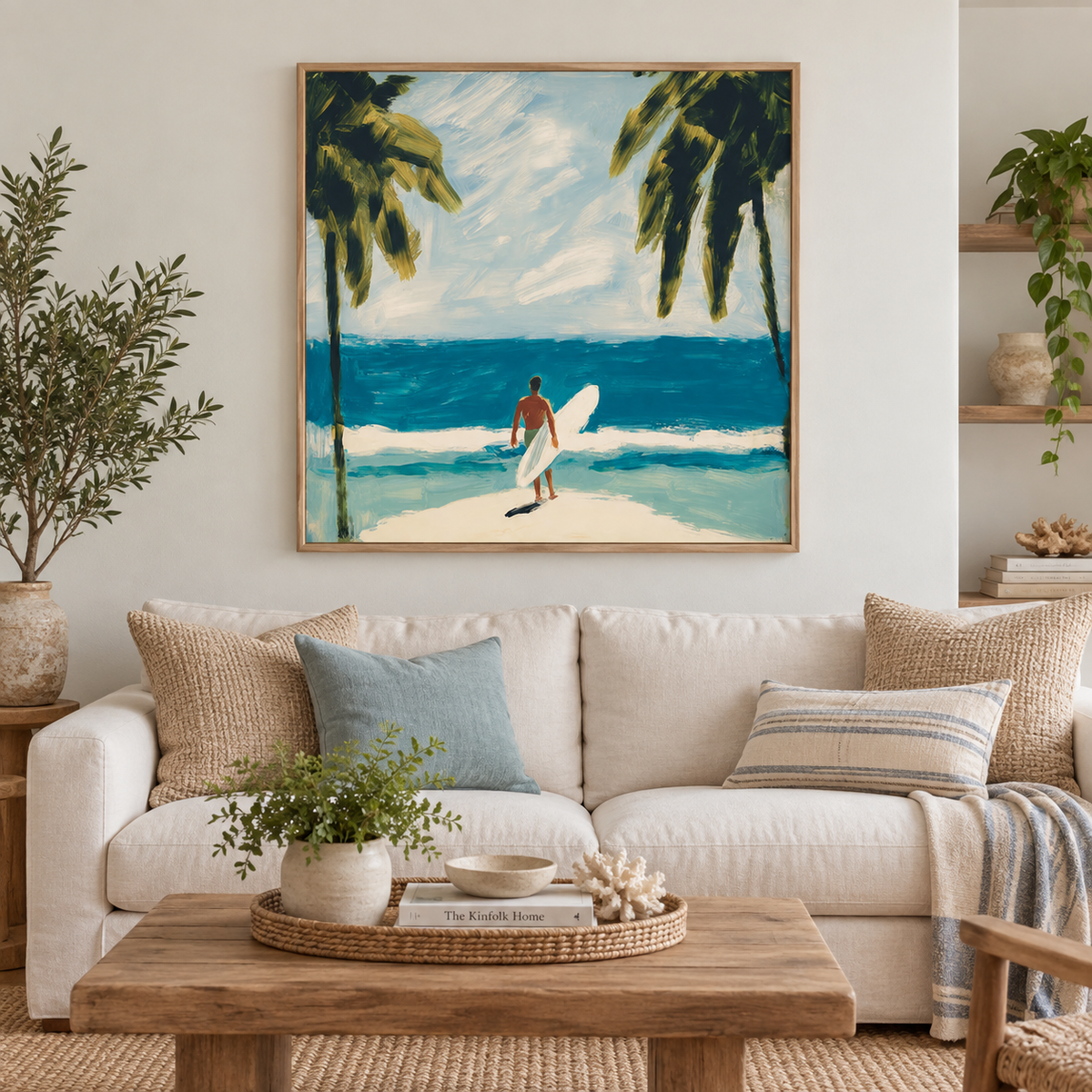 Surfer And Palm Trees Beach Canvas Painting Blue Ocean Wall Art