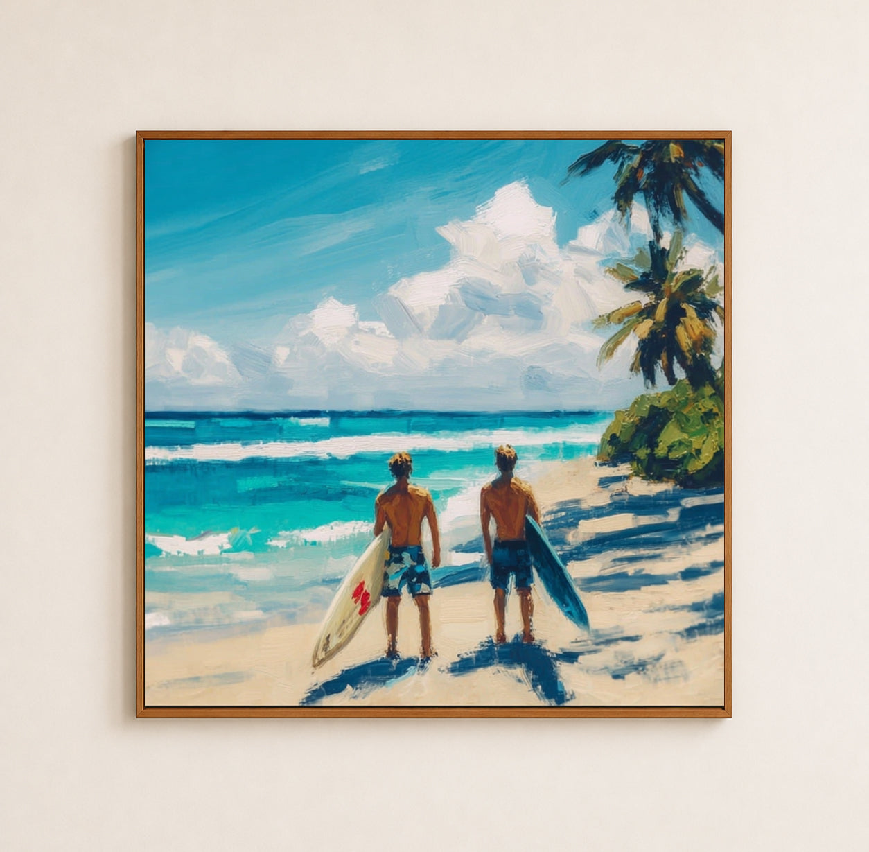 Vintage Tropical Surf Painting For Living Room With Textured Ocean Waves And Palm Trees