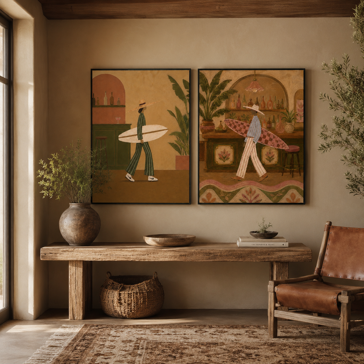 Retro Surfing And Bar Illustration Wall Art Set Of 2, Vintage Bohemian Aesthetic Canvas Painting For Living Room