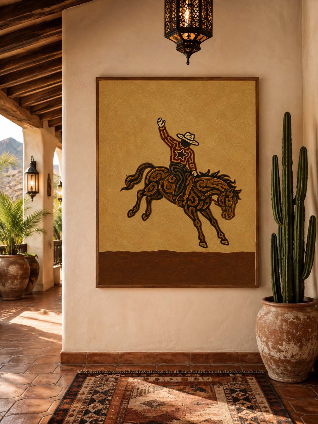 Rodeo Cowboy Painting, Bucking Horse Western Wall Art, Rustic Southwestern Ranch Decor