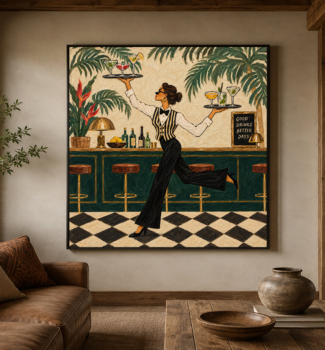 Stylish Bartender Canvas Painting With Cocktails And Tropical Plants For Home Bar Decor