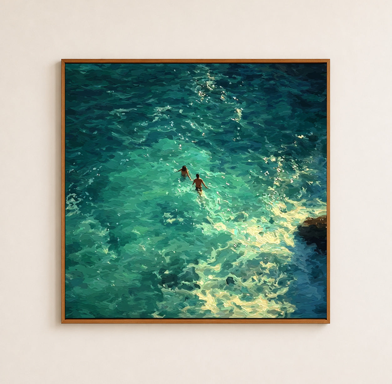 Emerald Ocean Swimmers Square Canvas Art For Beach House Wall Decor