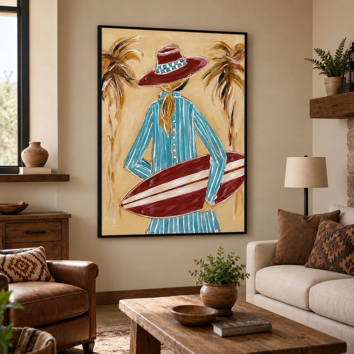 Coastal Cowboy Surfboard Canvas Art, Tropical Cowgirl Beach Wall Decor, California Surfing Painting