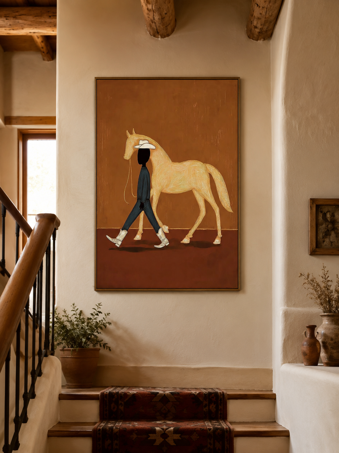 Minimalist Cowboy And Horse Painting Abstract Textured Wall Art For Modern Home Decor