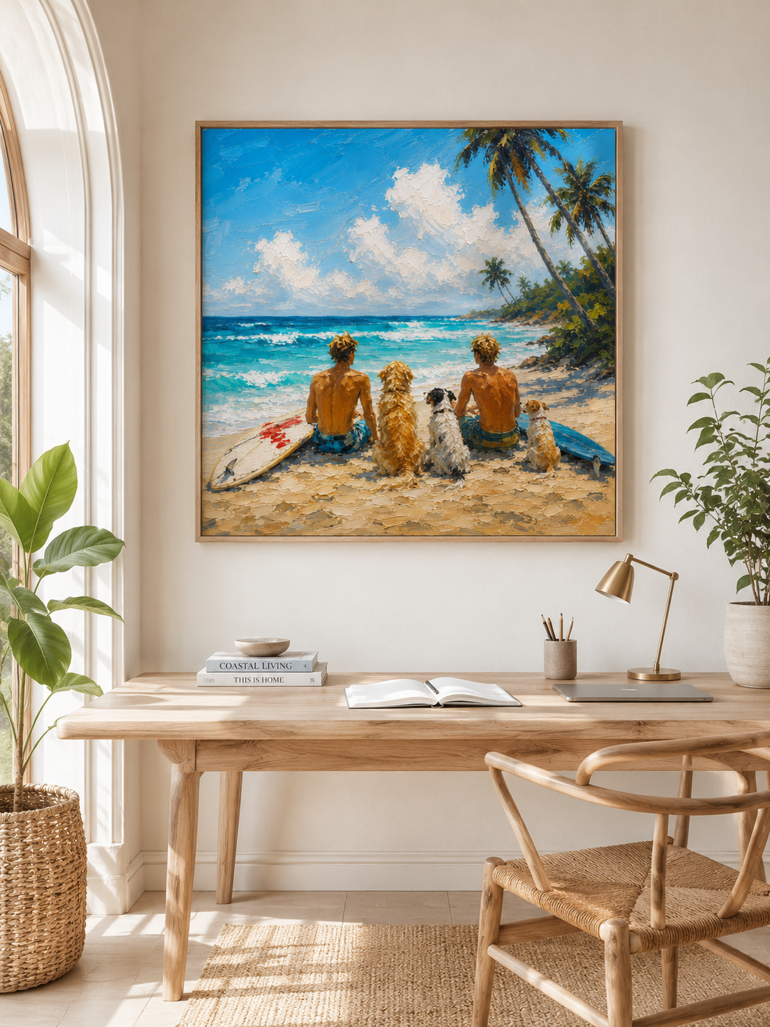 Modern Textured Beach Art Summer Beach Surfing Oil Painting With Dogs For Modern Home Decor