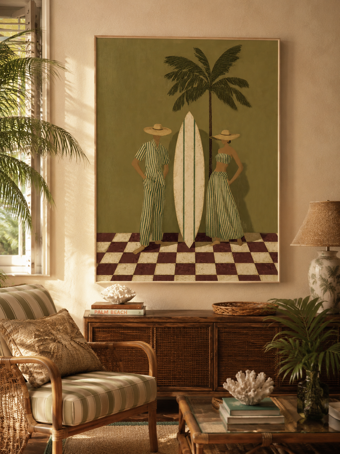 Vintage Green Stripe Beach Art With Palm Tree And Surfboard For Coastal Living Room Wall Decor