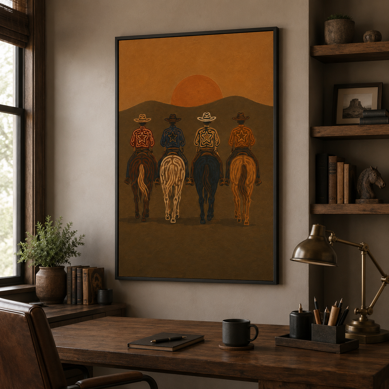 Cowboys At Sunset Painting, Western Horse Riders, Southwestern Desert Landscape Art For Living Room
