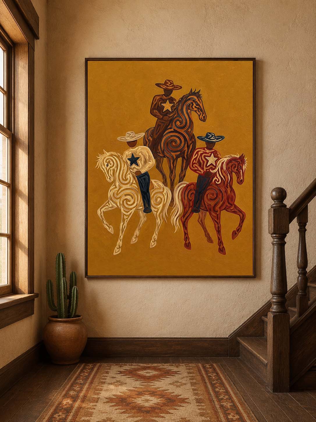 Western Cowboy Horse Oil Painting, Mustard Southwestern Wall Art, Hand Painted Ranch Decor