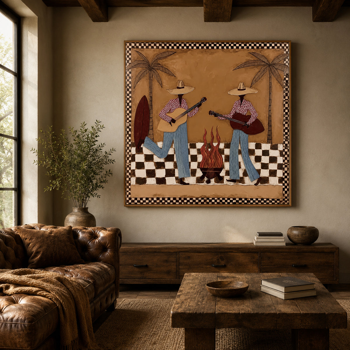 Retro Cowgirl Guitar Painting, Western Music Wall Art，checkerboard Western Art