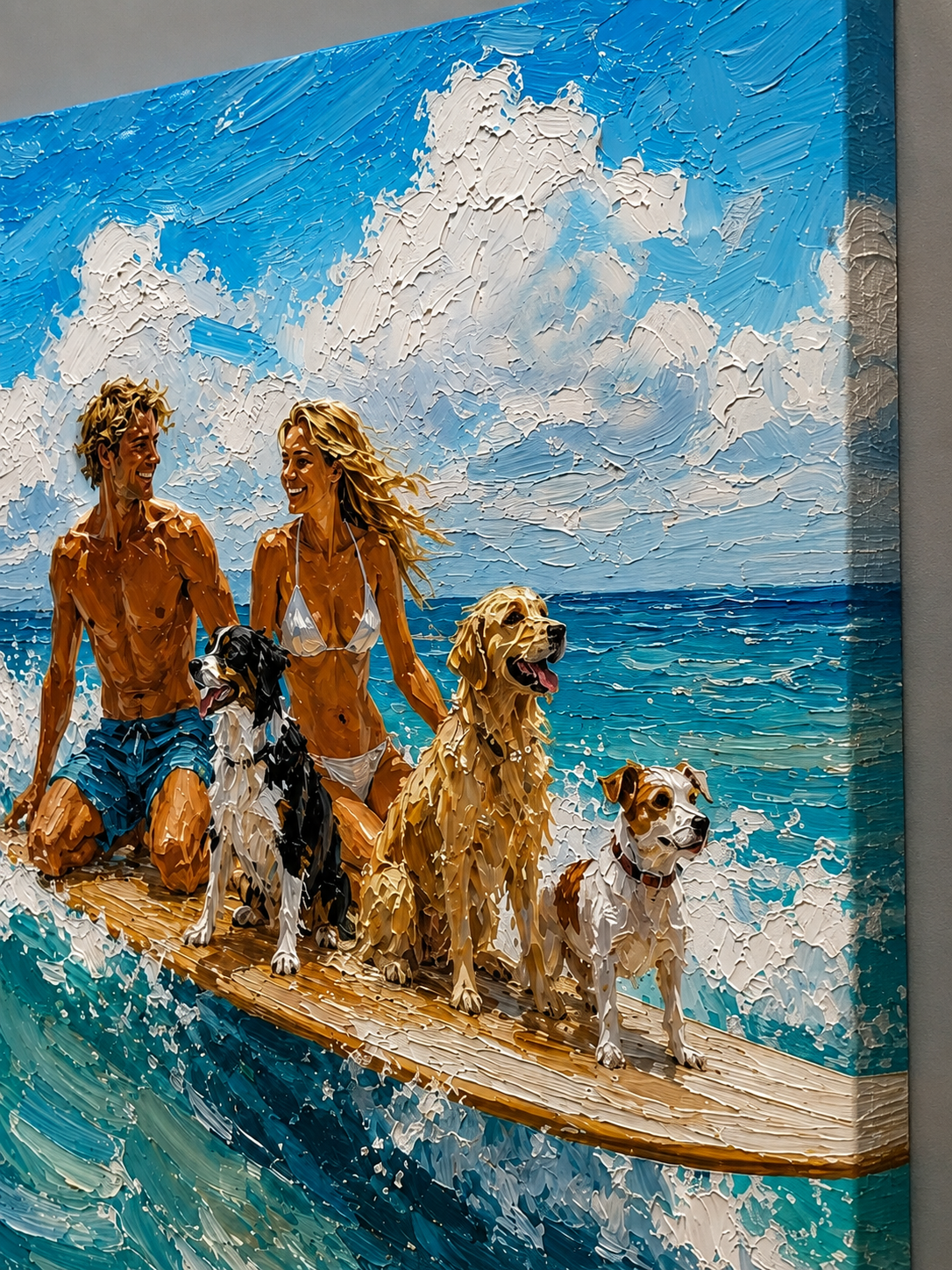 Summer Beach Wall Art Modern Textured Beach Painting With Dogs And Couple For Coastal Living Room Decor