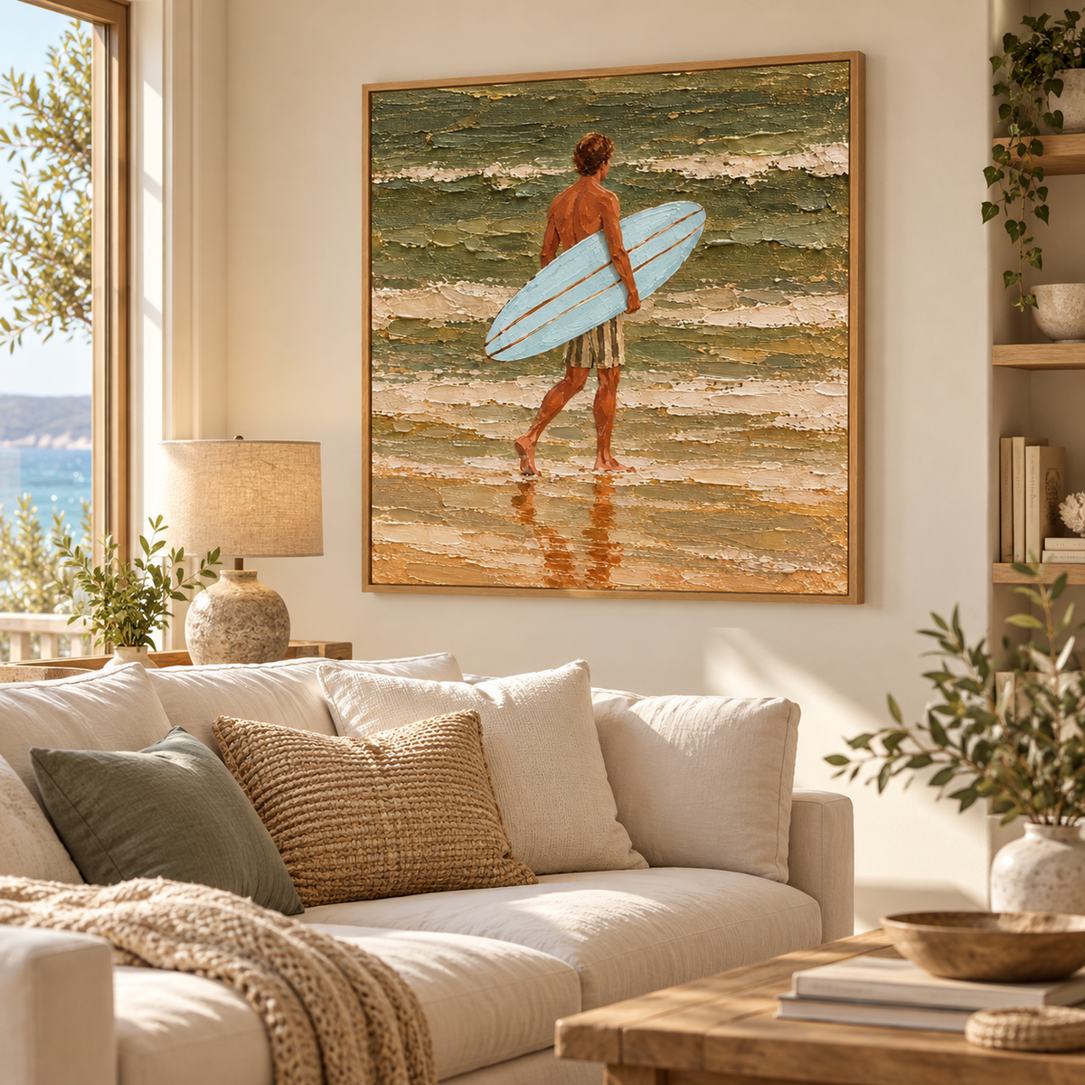 Blue Surfboard Canvas Art, Heavy Impasto Ocean Waves Painting, Coastal Beach House Wall Decor