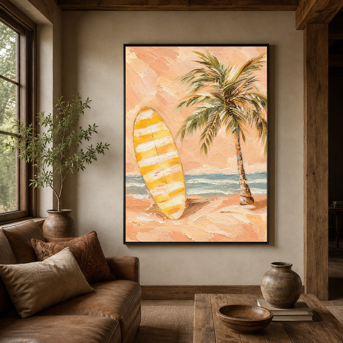 Tropical Surfboard Wall Art, Peach Beach Oil Painting, Palm Tree Textured Canvas