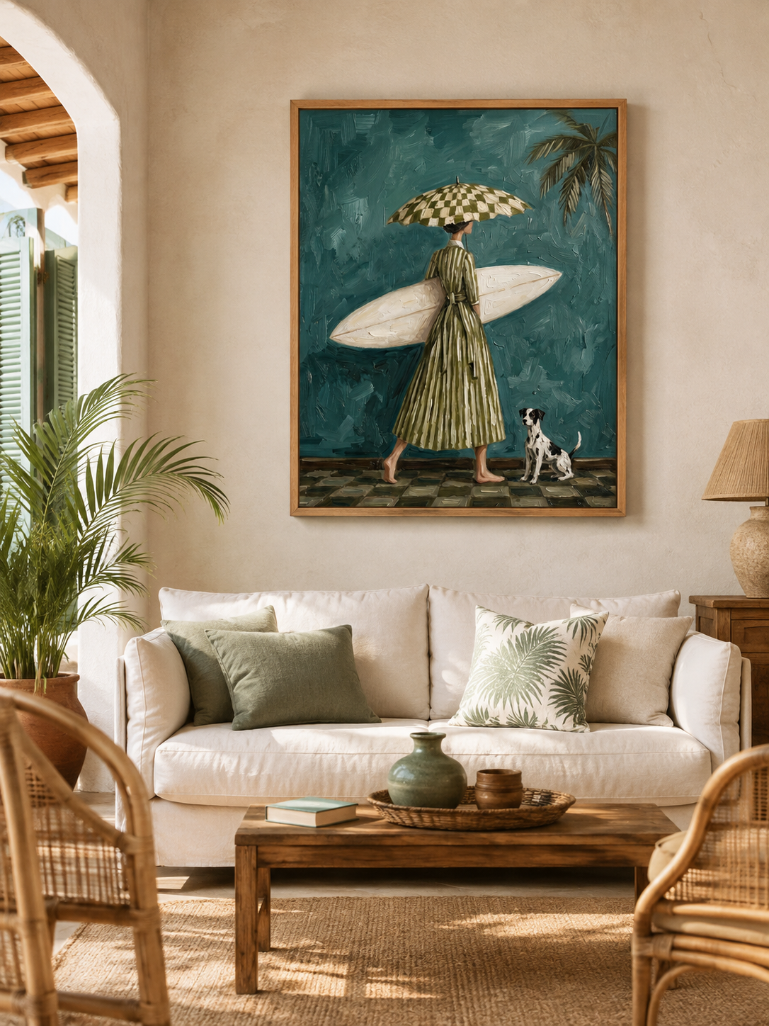 Vintage Surf Girl Oil Painting With Dog Textured Beach Wall Art For Living Room Decor
