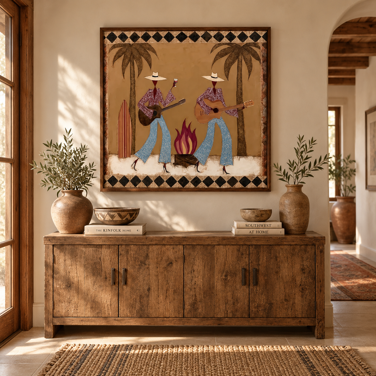 Cowgirl Guitar And Wine Painting, Retro Western Bar Wall Art, Southwest Music Decor