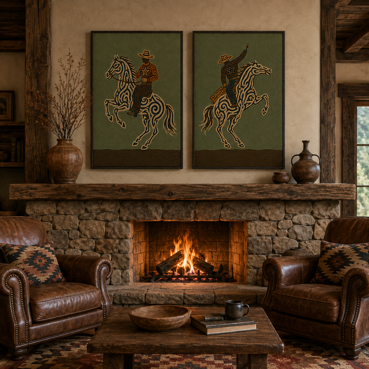Vintage Western Cowboy Horse Art Olive Green Wall Decor For Living Room Rustic Home