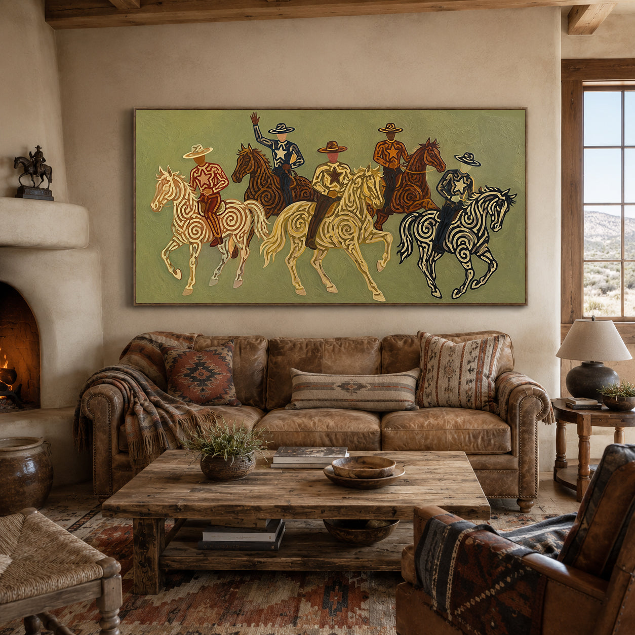 Olive Green Cowboy Riders Painting, Panoramic Western Horse Art, Modern Southwestern Decor