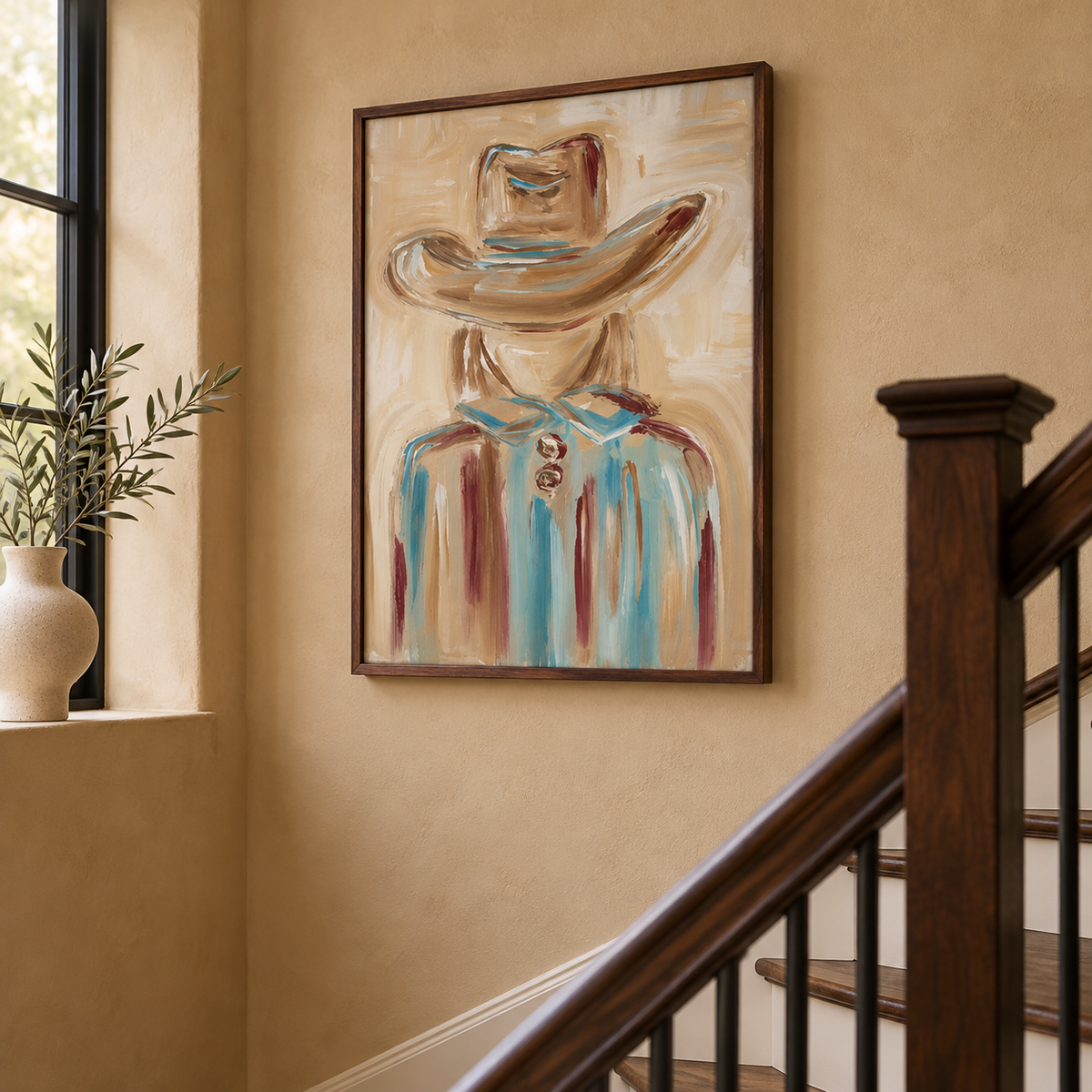 Cowgirl Portrait Canvas Painting Hand-Painted Wall Art In Blue And Beige