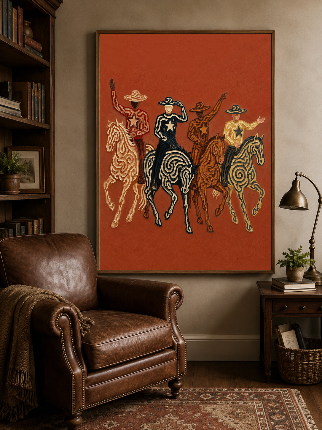 Four Cowboys Horse Painting, Colorful Western Riders, Terracotta Southwestern Wall Art