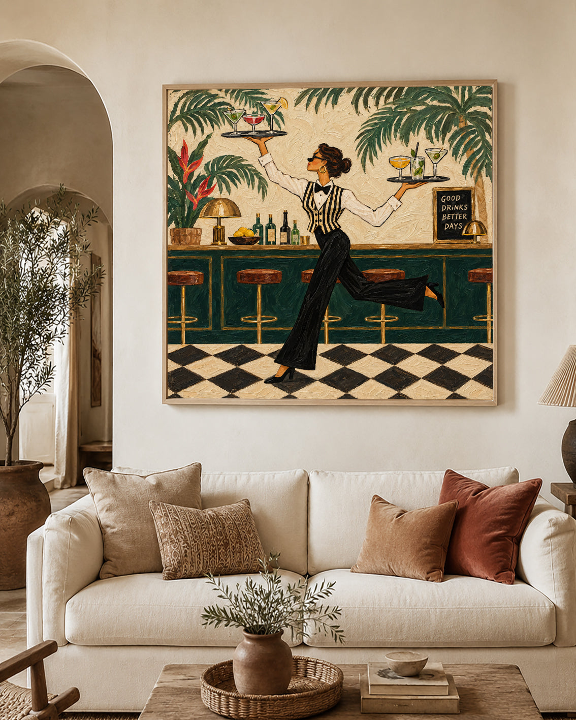 Stylish Bartender Canvas Painting With Cocktails And Tropical Plants For Home Bar Decor