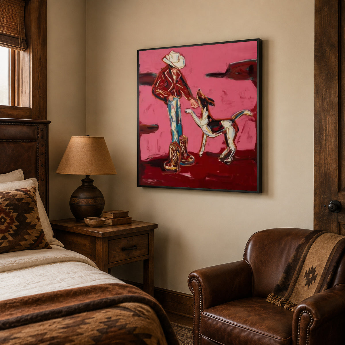 Hand-Painted Cowboy And Dog Canvas Painting In Pink Red Tones Whimsical Puppy Painting
