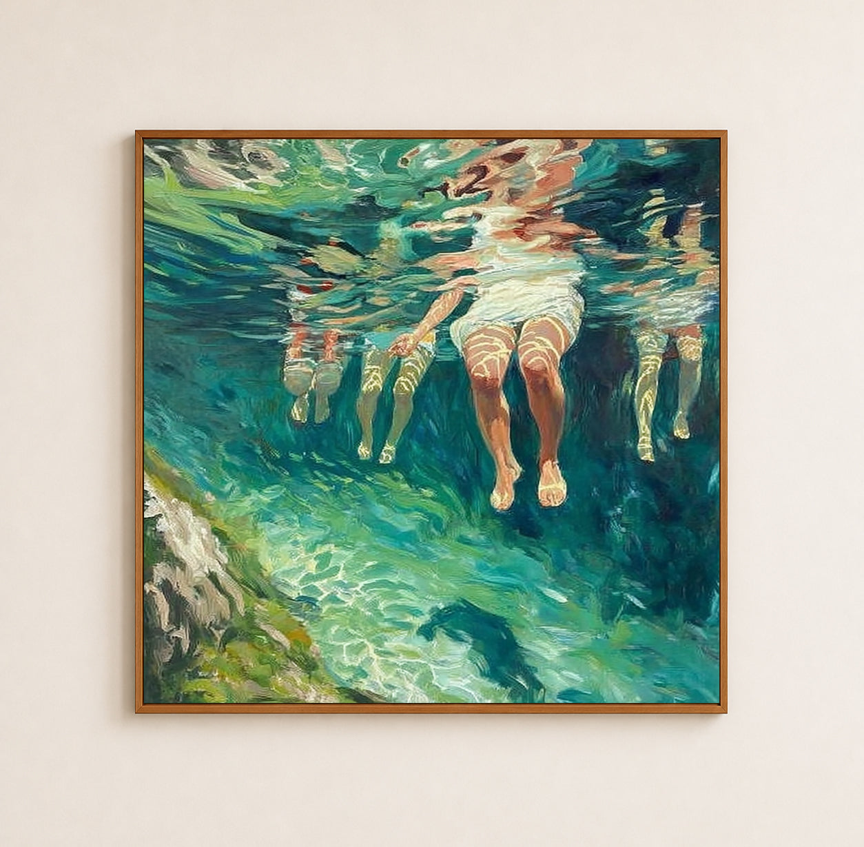 Summer Swimming Oil Painting For Beach House Living Room Wall Decor Art