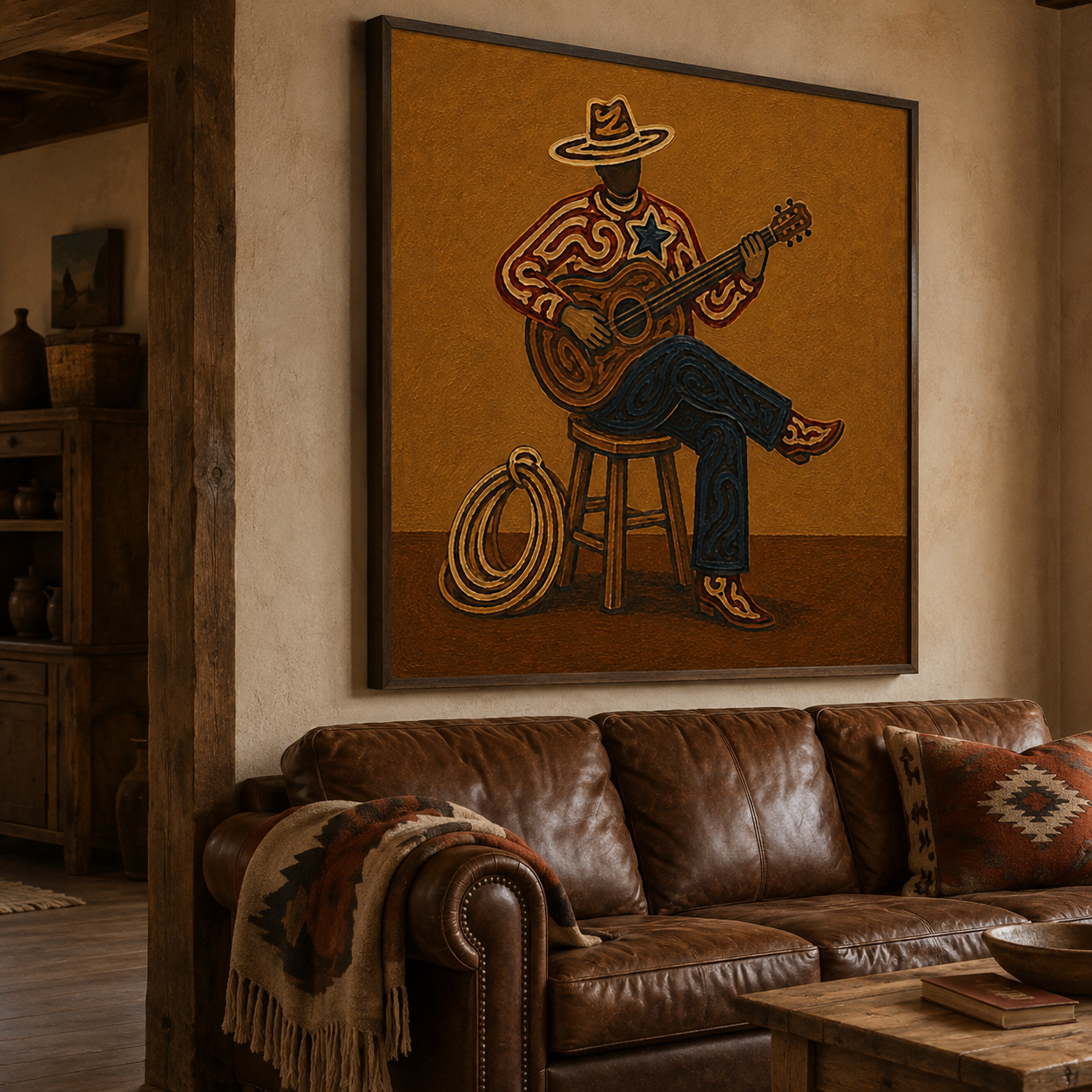 Cowboy Playing Guitar Art , Western Music Wall Art, Country Music Decor Painting, American Folk Art Style