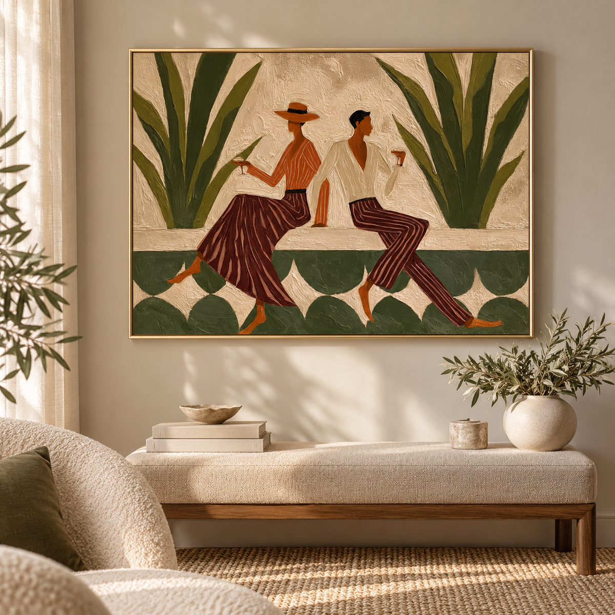 Vintage Figure Painting With Agave Plants Hand-Painted Canvas Art Olive Green Wall Art For Modern Living Room