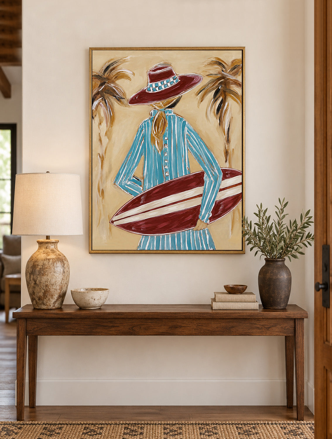 Coastal Cowboy Surfboard Canvas Art, Tropical Cowgirl Beach Wall Decor, California Surfing Painting