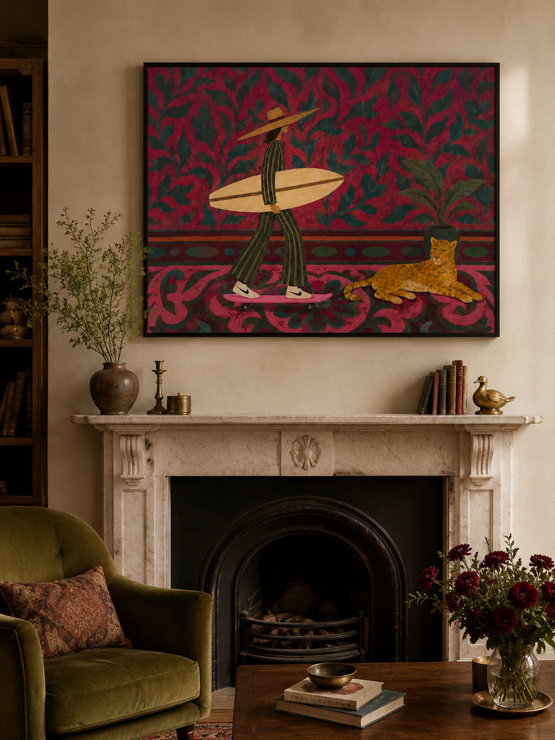 Tropical Folk Surf Woman With Cheetah Pink Floral Background Original Oil Painting For Living Room Decor