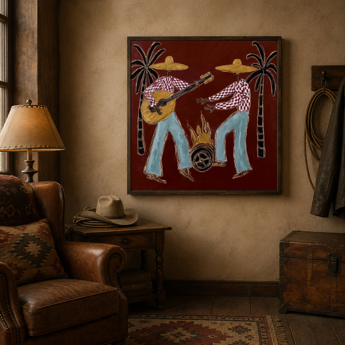 Folk Art Guitarists With Campfire Hand-Painted Canvas Wall Art Red Background Resort Painting