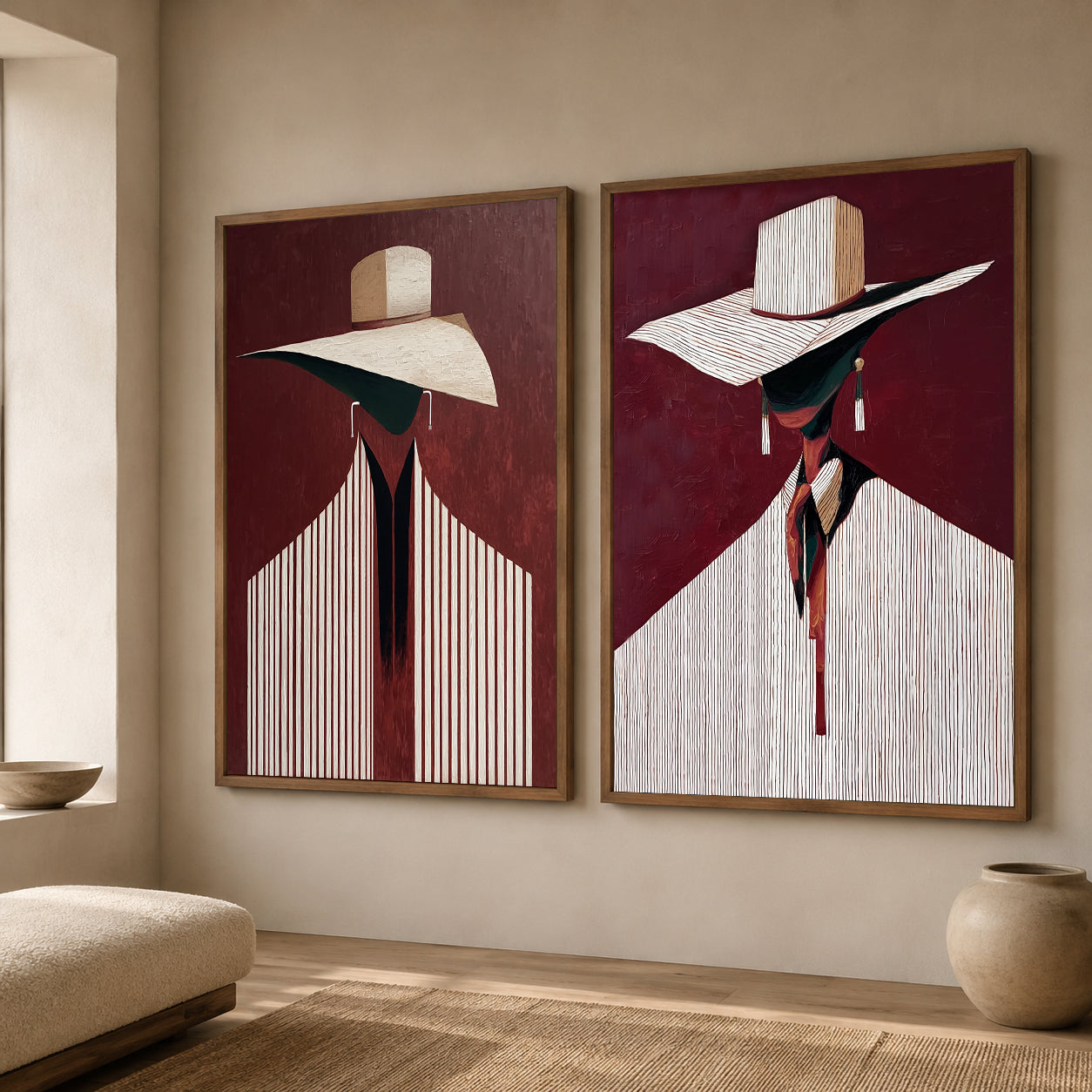 Modern Abstract Figure Painting With Hats Deep Red Background Diptych For Hallway