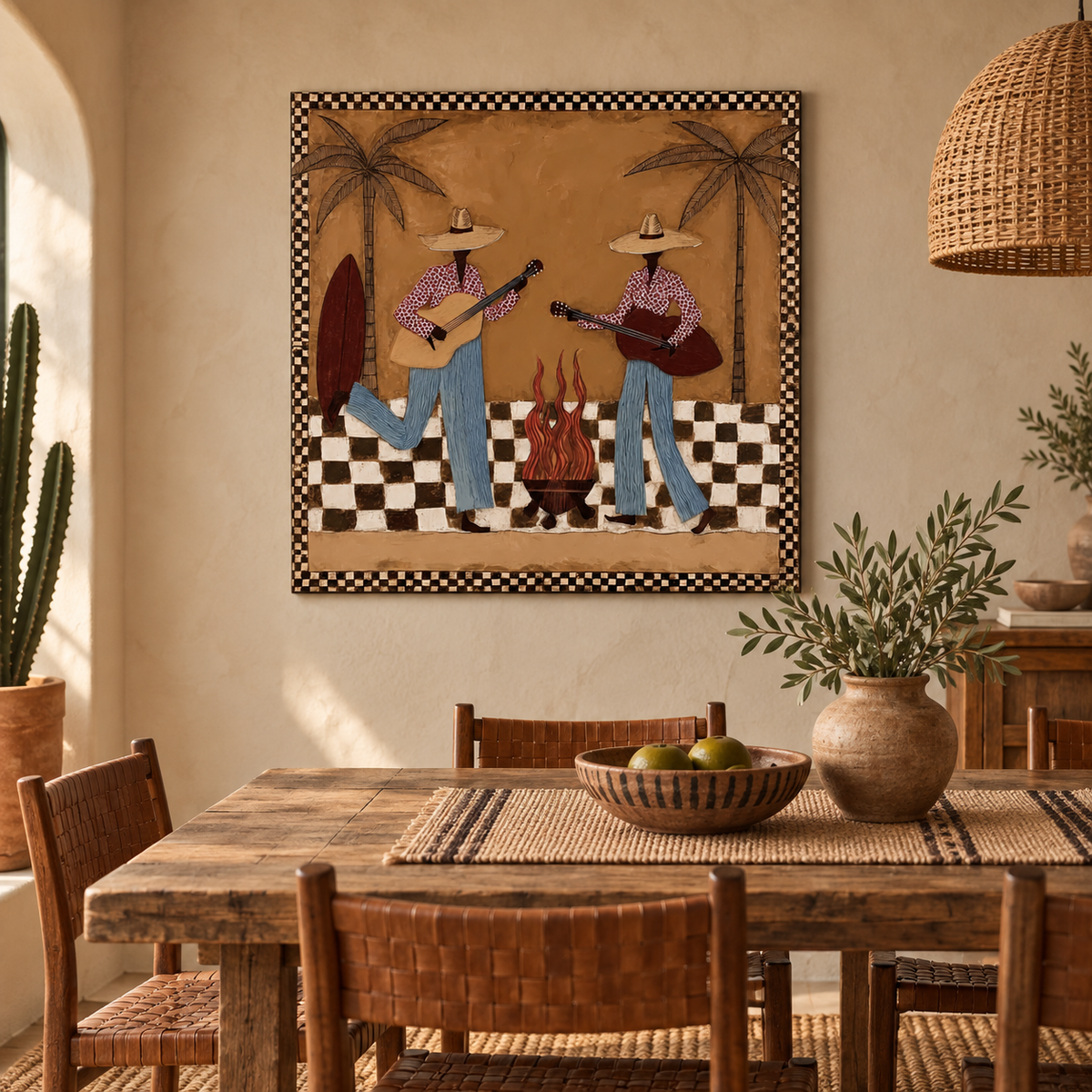 Retro Cowgirl Guitar Painting, Western Music Wall Art，checkerboard Western Art