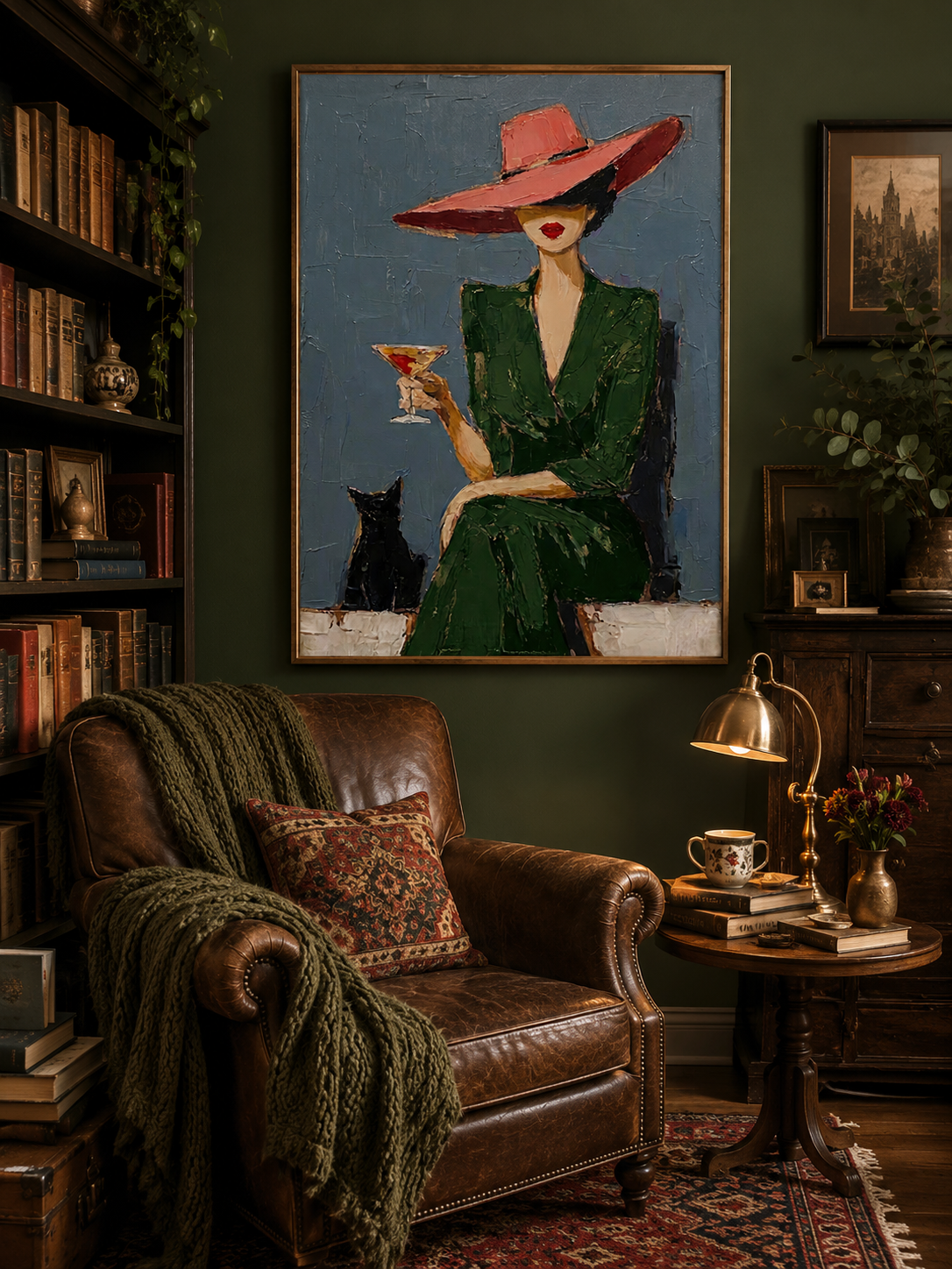 Stylish Woman In Green Dress With Red Hat Oil Painting For Modern Dining Room Wall Art Decor