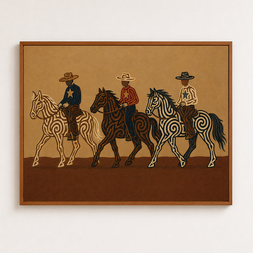 Three Cowboys Horse Painting, Western Ranch Riders, Earth Tone Southwestern Folk Art