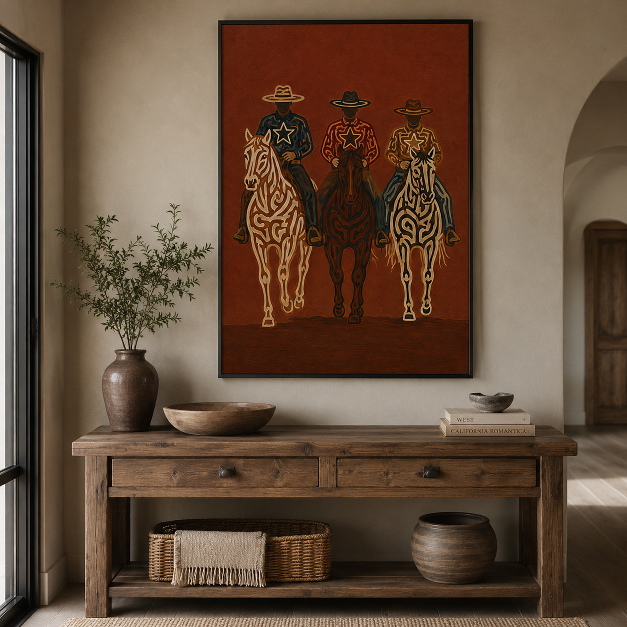 Vintage Three Cowboys Horse Painting, Western Ranch Riders, Rustic Southwestern Wall Art