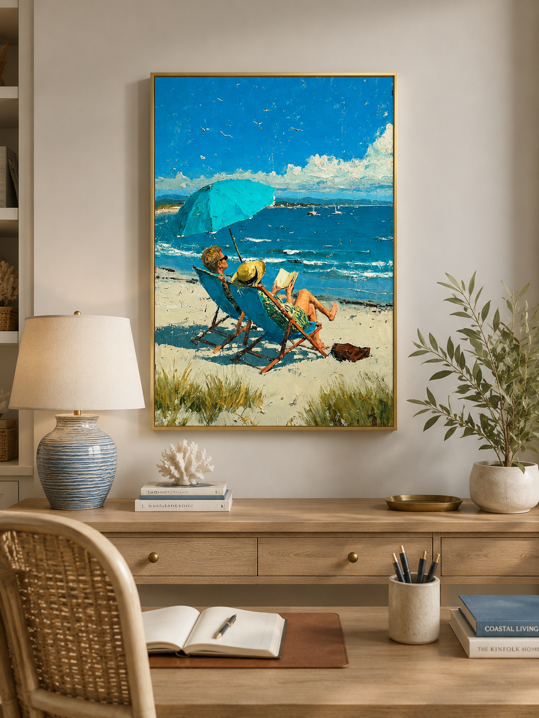 Original Beach Scene Oil Painting With Blue Sea And Umbrella For Coastal Living Room Wall Decor