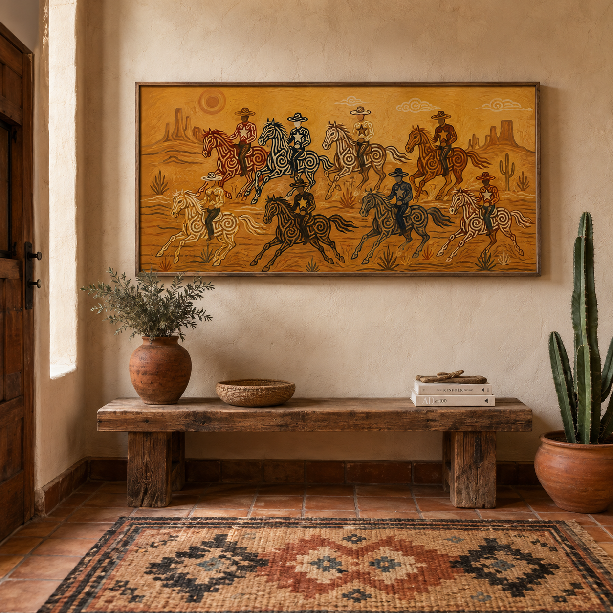 Panoramic Desert Cowboy Painting, Southwestern Horse Riders, Arizona Western Landscape Art