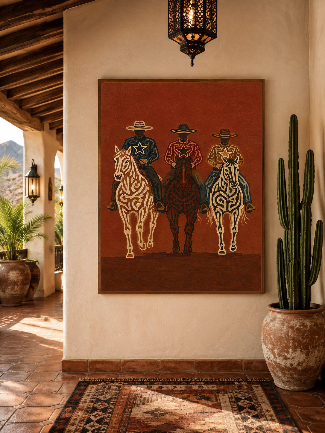 Vintage Three Cowboys Horse Painting, Western Ranch Riders, Rustic Southwestern Wall Art
