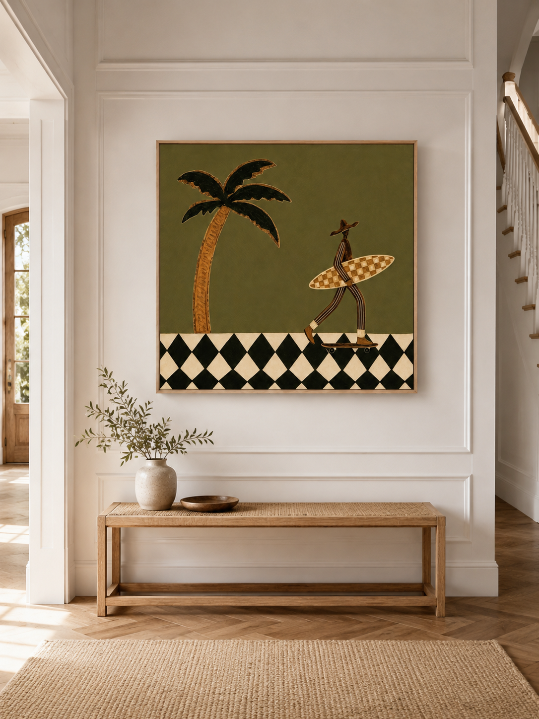 Vintage Skate Surfer Wall Art With Checkerboard Board For Retro Living Room Decor