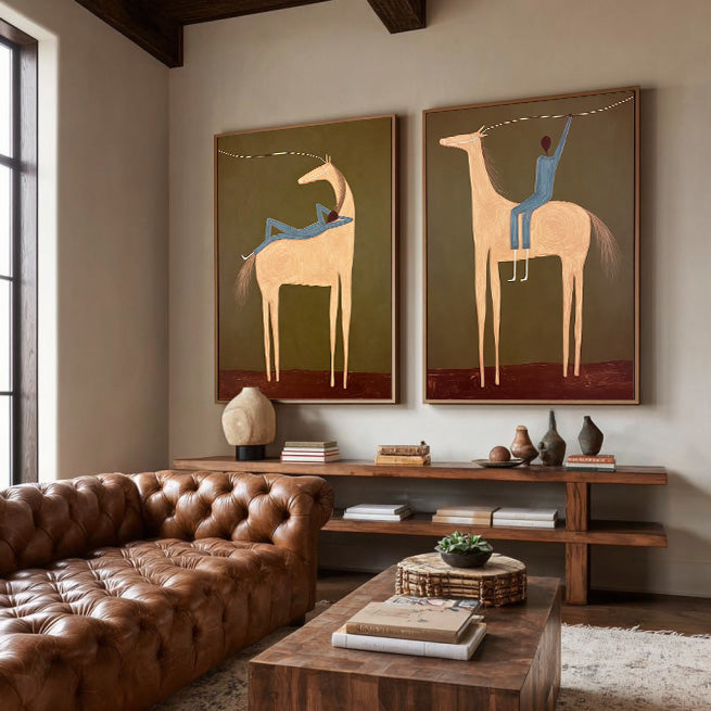 Vintage Minimalist Horse Painting Set Original Canvas Art For Living Room Decor