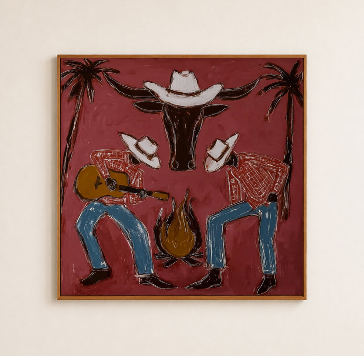 Cowboy Guitar Wall Decor Rustic Western Campfire Scene Canvas Painting For Living Room Decor