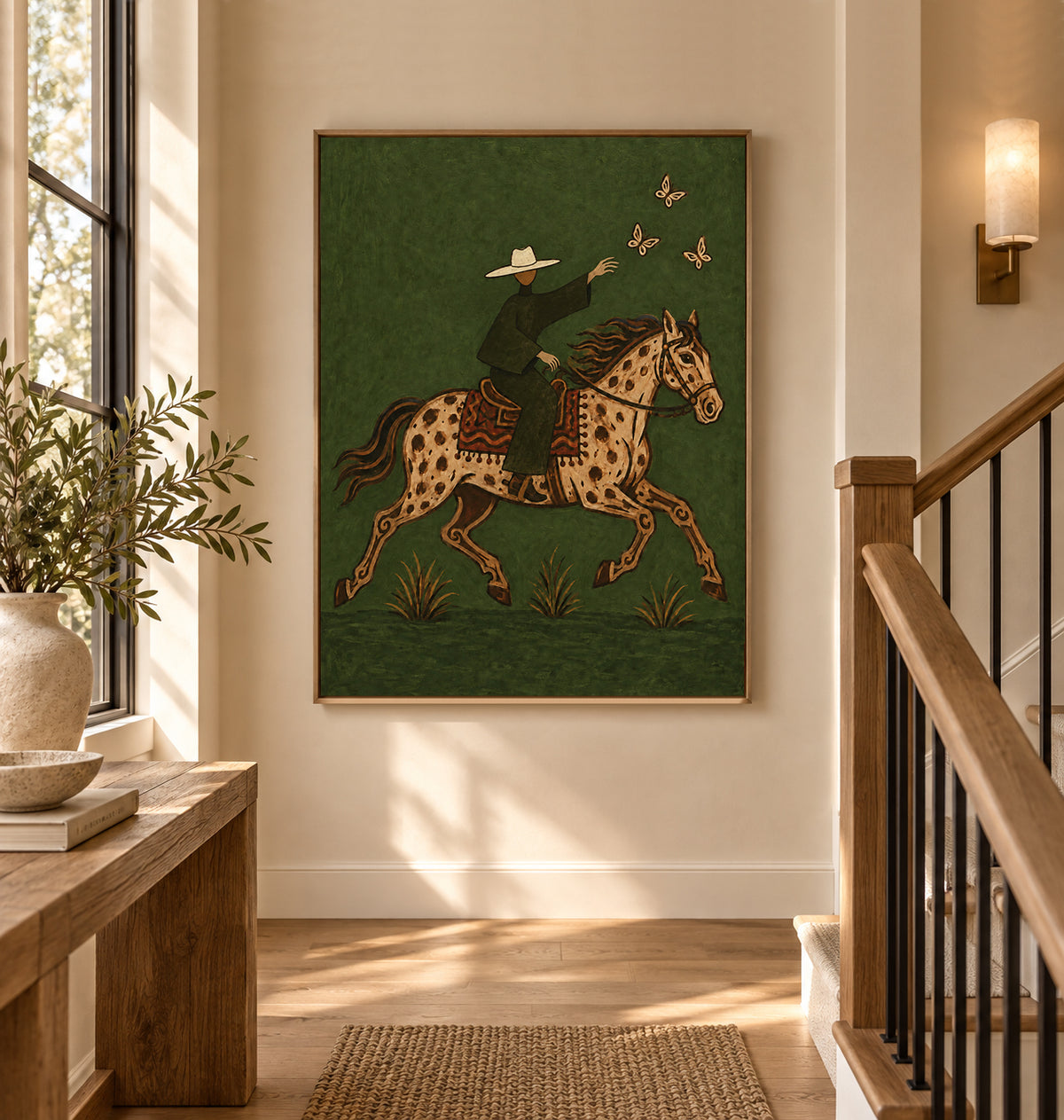 Cowboy And Spotted Horse Canvas Painting With Butterflies In Green