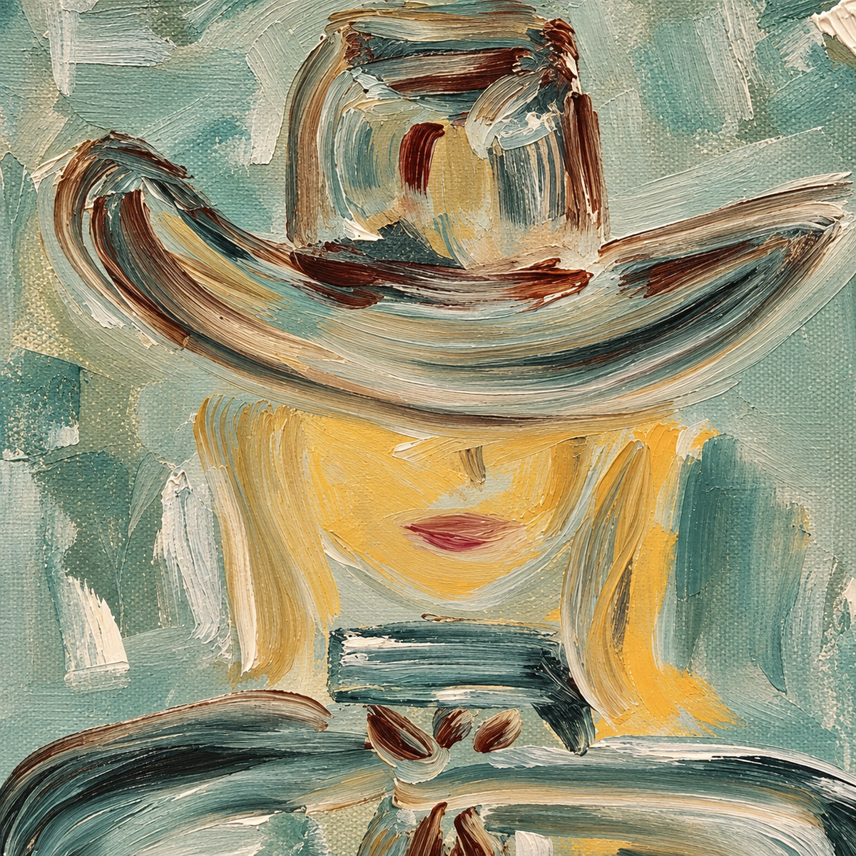 Abstract Cowboy Figure Painting In Sage Green For Modern Wall Decor