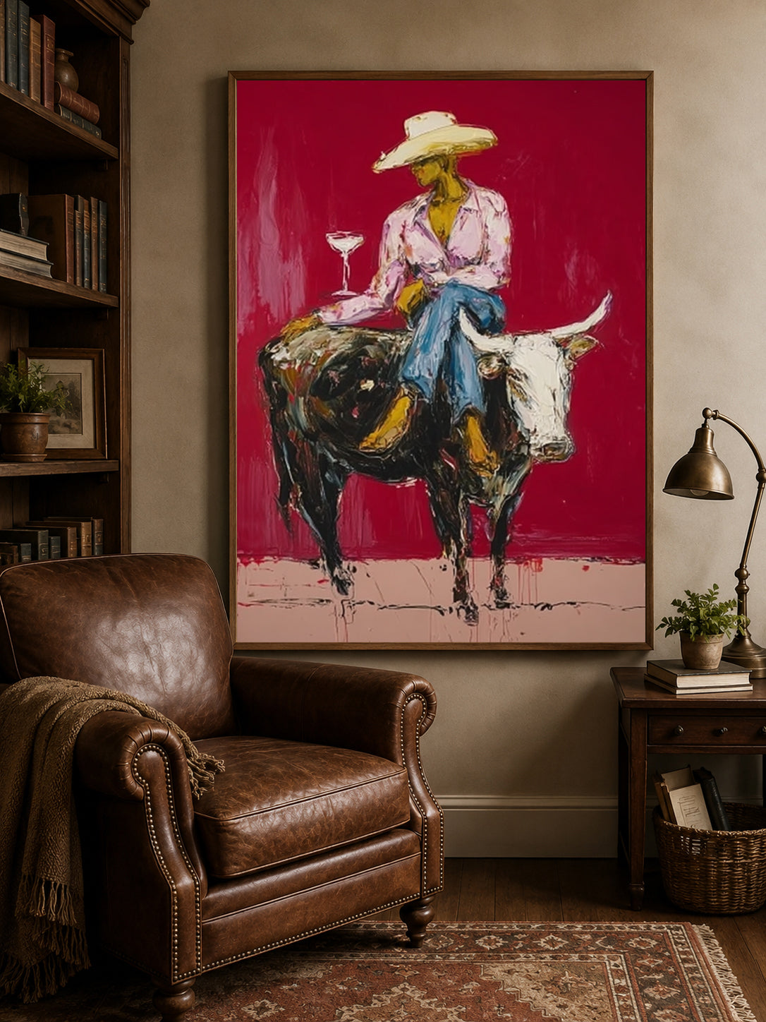 Cowgirl Wall Decor Cowgirl On Longhorn Hand-Painted Oil Painting In Deep Red | Western Wall Art
