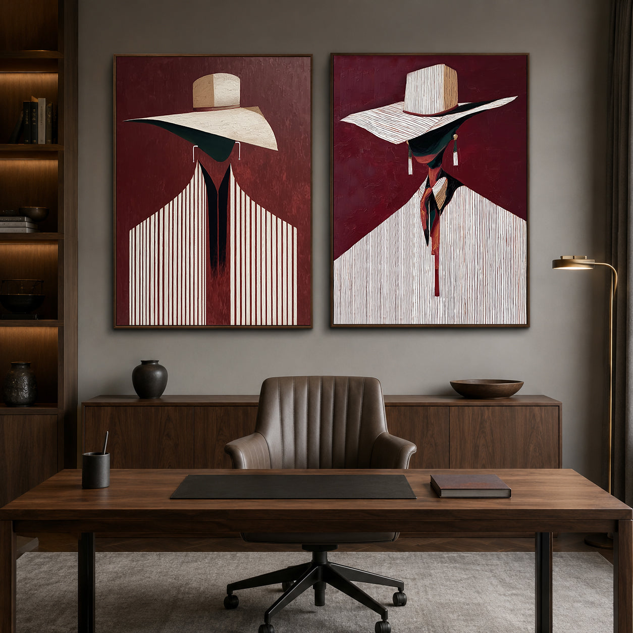 Modern Abstract Figure Painting With Hats Deep Red Background Diptych For Hallway