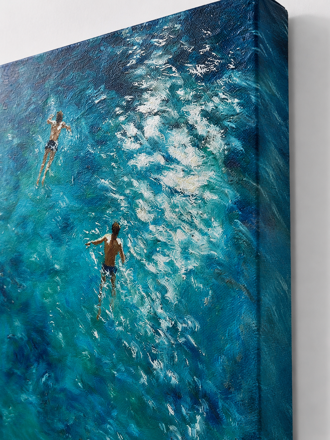 Deep Blue Ocean Swimming Oil Painting With Thick Textured Waves For Modern Home Decor