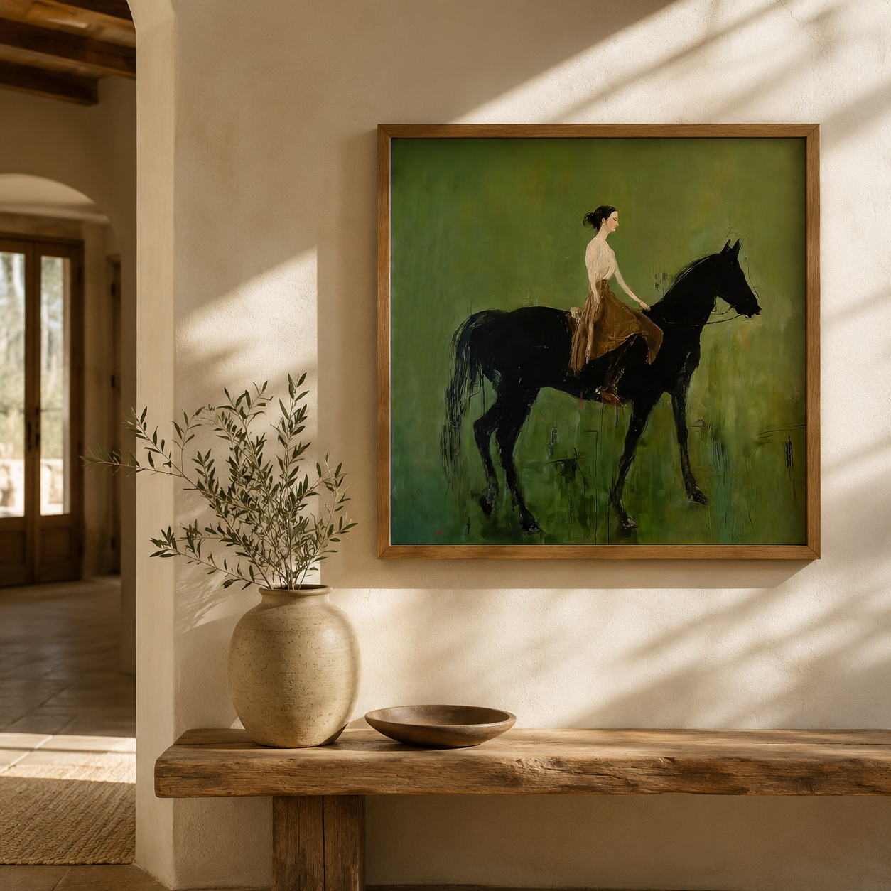 Elegant Woman Riding Black Horse Oil Painting On Linen Canvas With Olive Green Background