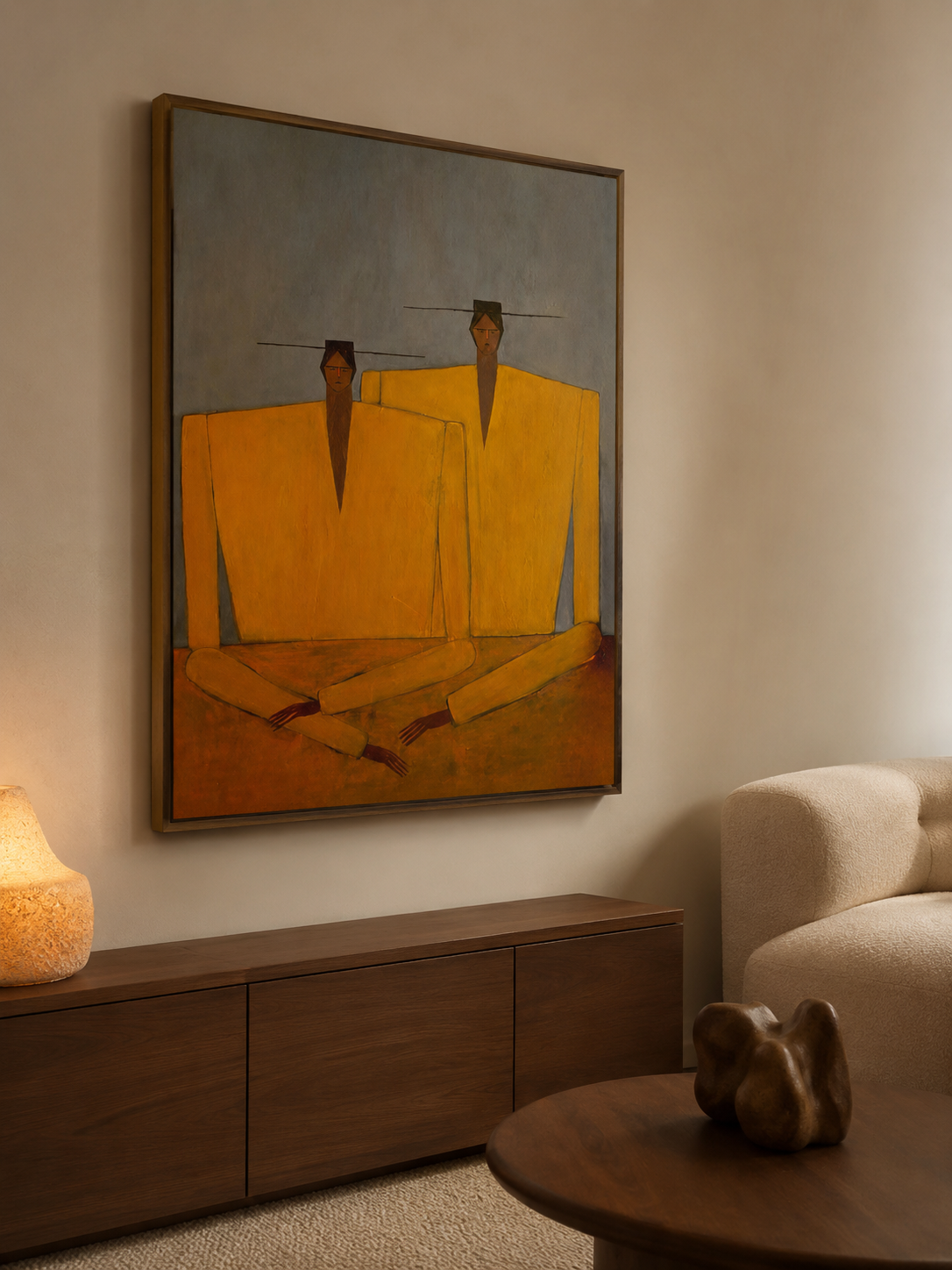 Hand-Painted Figurative Abstract Portrait Painting- Modern Yellow Statement Piece for Living Room